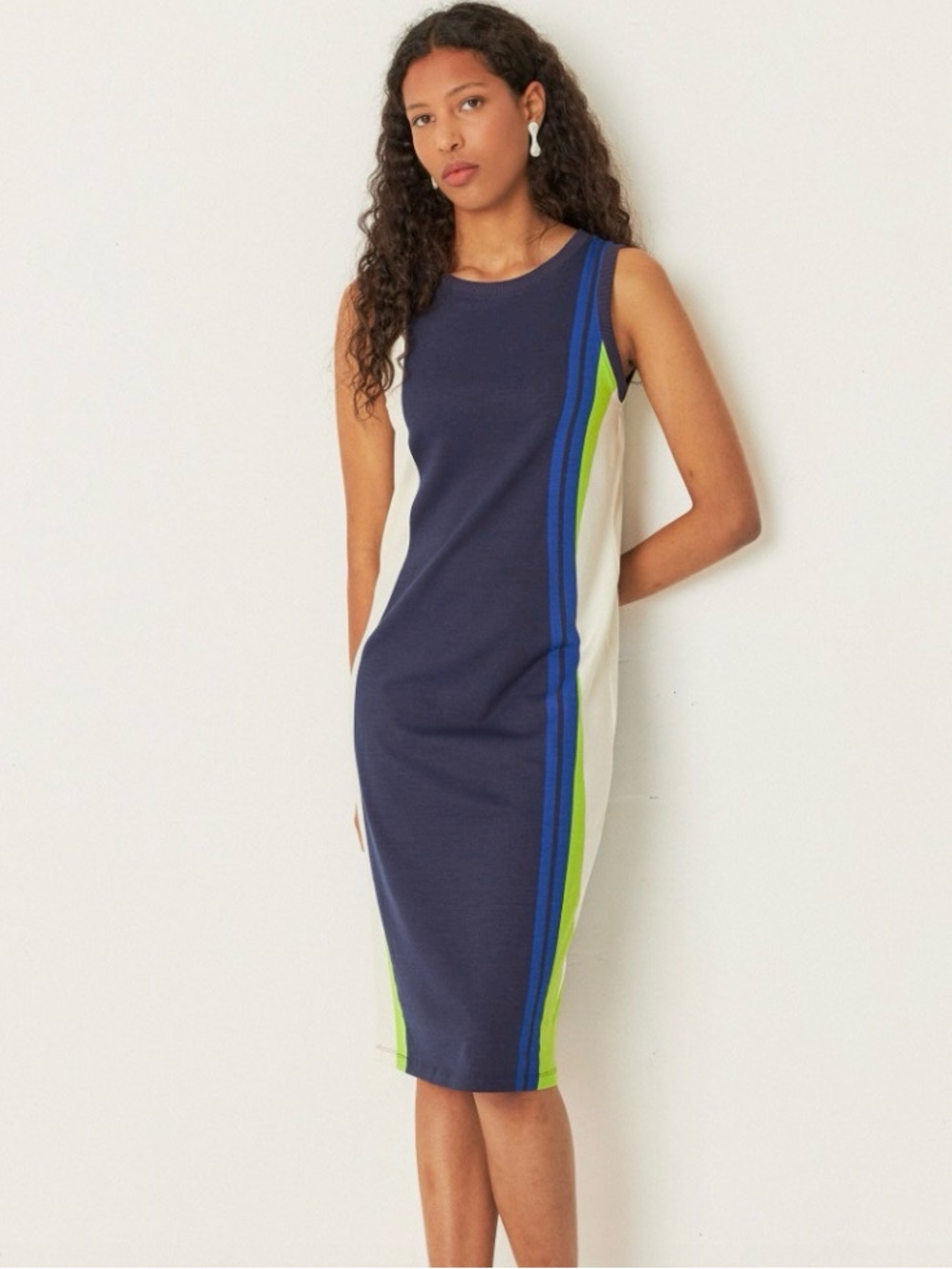 SKFK NWT Sleeveless Navy Sheath Dress with Green & Blue Stripe